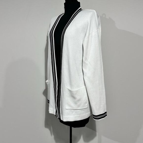 IZOD Open Cardigan Size Medium White Ivory Cream Black Stripe - Picture 4 of 10